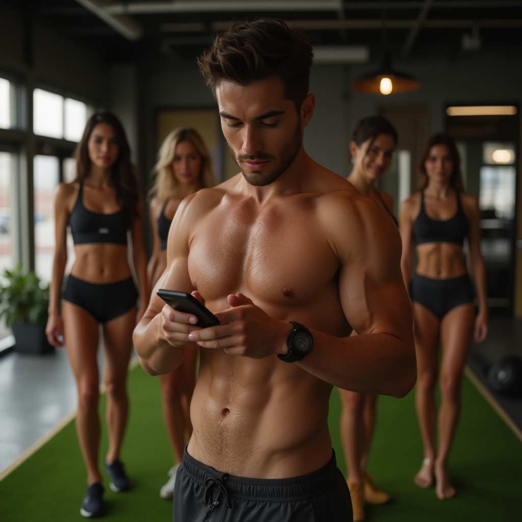 Shirtless young man checking phone in a modern gym in Austin, Texas, with fit individuals in the background — symbolizing wellness, lifestyle, and cannabis delivery culture connected to Hiii Delivery.