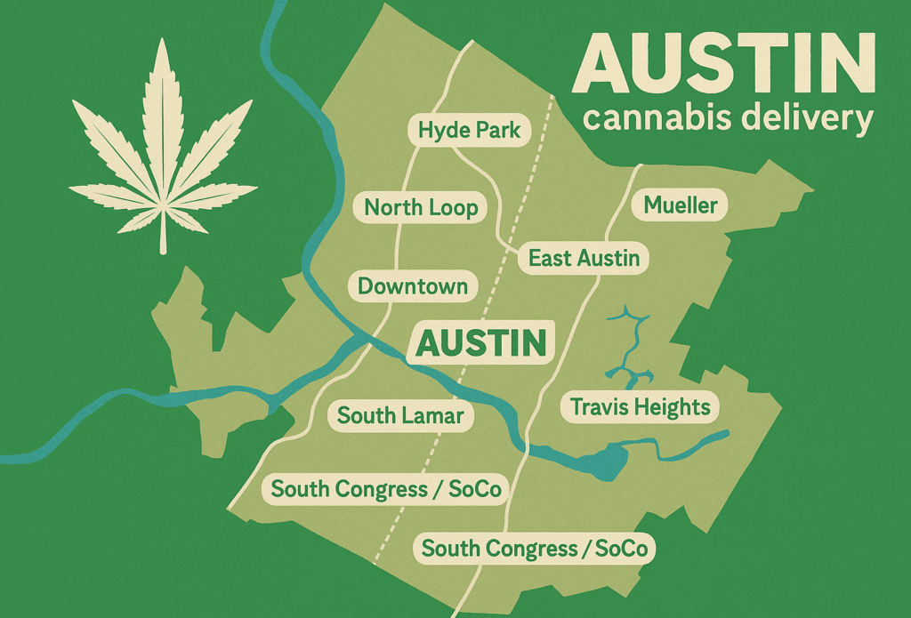 Infographic map of Austin Texas highlighting cannabis delivery with Hiii, featuring gym-goers, delivery driver, and cannabis visuals