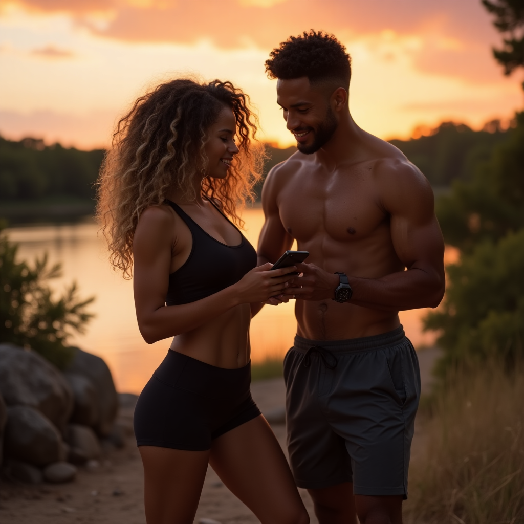 Fit couple ordering cannabis from Hiii Delivery on a phone after a workout in Austin, Texas, at sunset