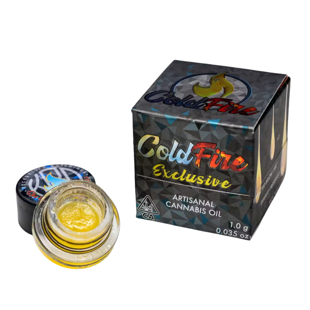 Cold Fire Exclusive Live Badder 1g Cold Fire Exclusive Live Badder 1g jar and packaging with golden concentrate displayed on a white background
