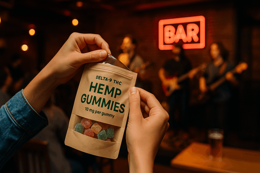 Close-up of a person opening a bag of hemp gummies labeled “Delta-9 THC Hemp Gummies” during a live concert at an Austin, Texas bar — representing local cannabis edible delivery and nightlife culture.