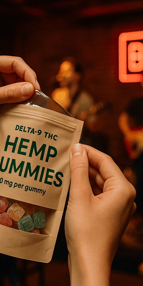Close-up of a person opening a bag of hemp gummies labeled “Delta-9 THC Hemp Gummies” during a live concert at an Austin, Texas bar — representing local cannabis edible delivery and nightlife culture.
