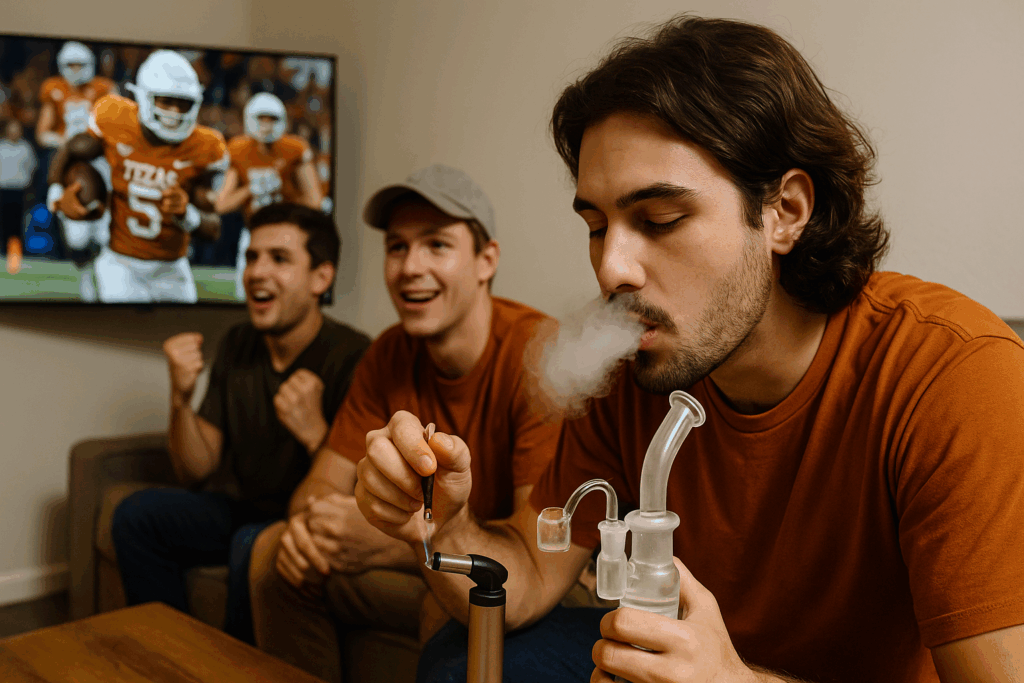 Group of young men in an Austin, Texas living room watching the Texas Longhorns football game on TV, with one man exhaling smoke while using a glass dab rig as friends cheer in the background.