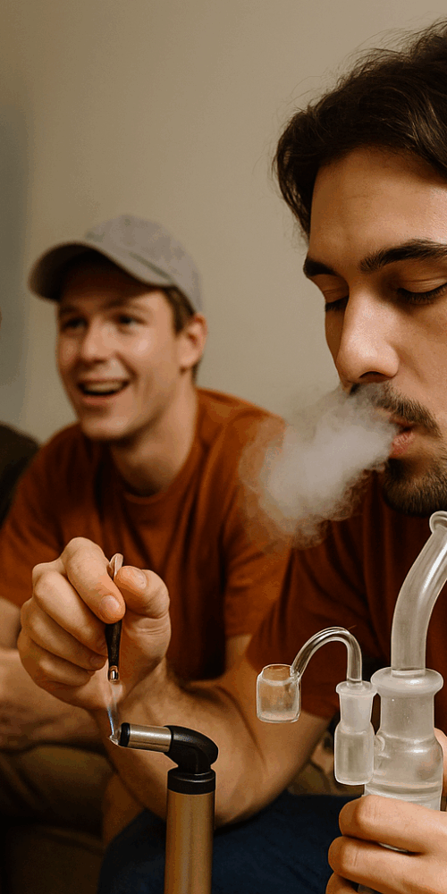 Group of young men in an Austin, Texas living room watching the Texas Longhorns football game on TV, with one man exhaling smoke while using a glass dab rig as friends cheer in the background.